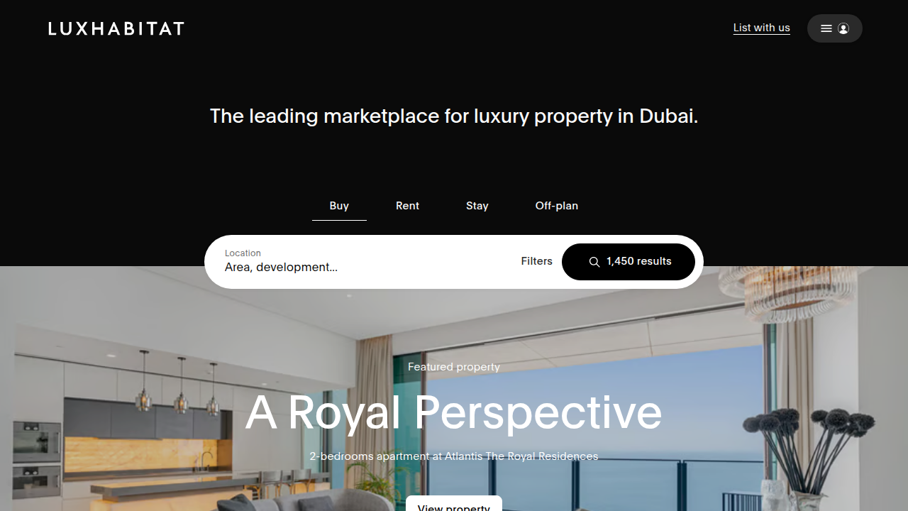 The Luxhabitat website, a luxury real estate brokerage providing market insights and property listings in Dubai.