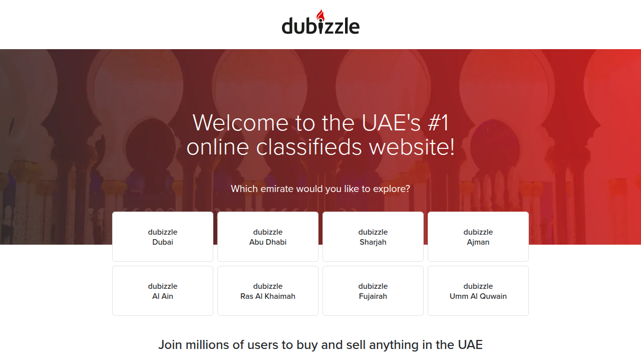 The homepage of Dubizzle, a popular online classifieds and property portal in Dubai, offering a wide range of rental listings.