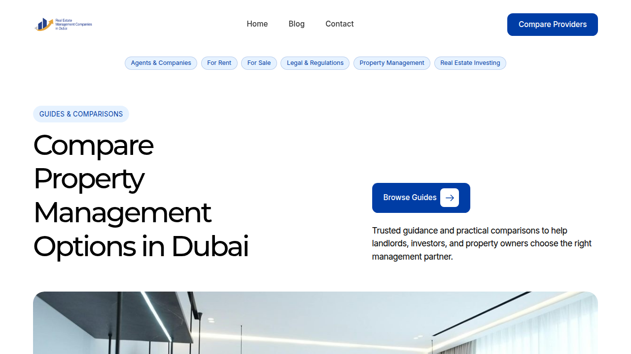 A screenshot of a leading real estate management company's homepage, offering insights into Dubai's property market.