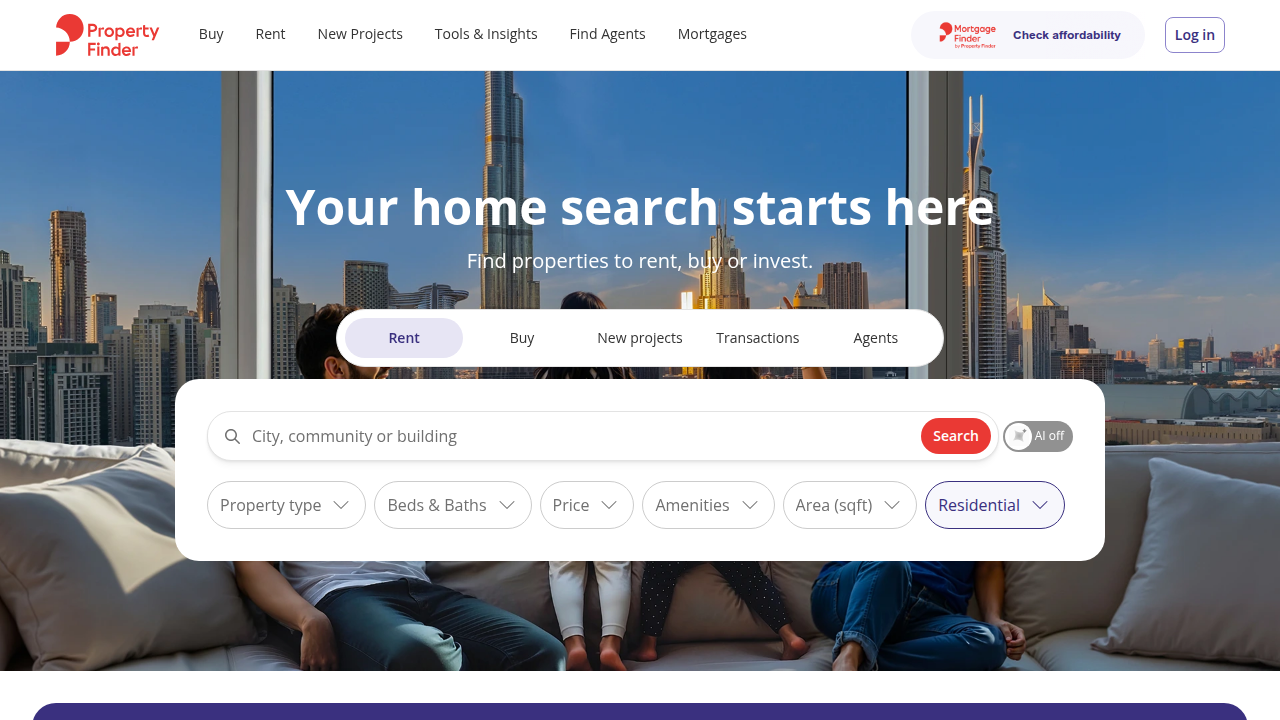 The homepage of Property Finder UAE, a popular platform for discovering current real estate listings and market trends in Dubai.