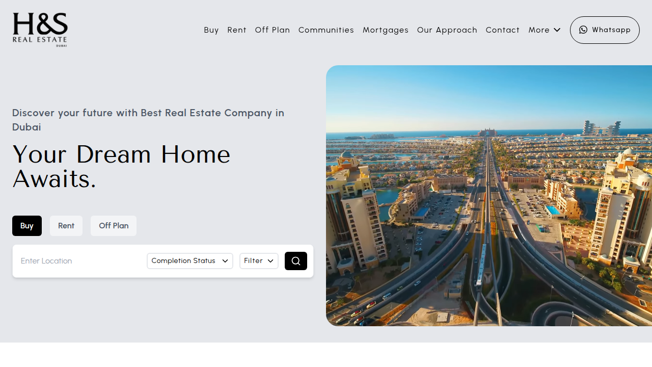 A screenshot showcasing the homepage of HS Property, a resource for detailed area guides and property information in Dubai.