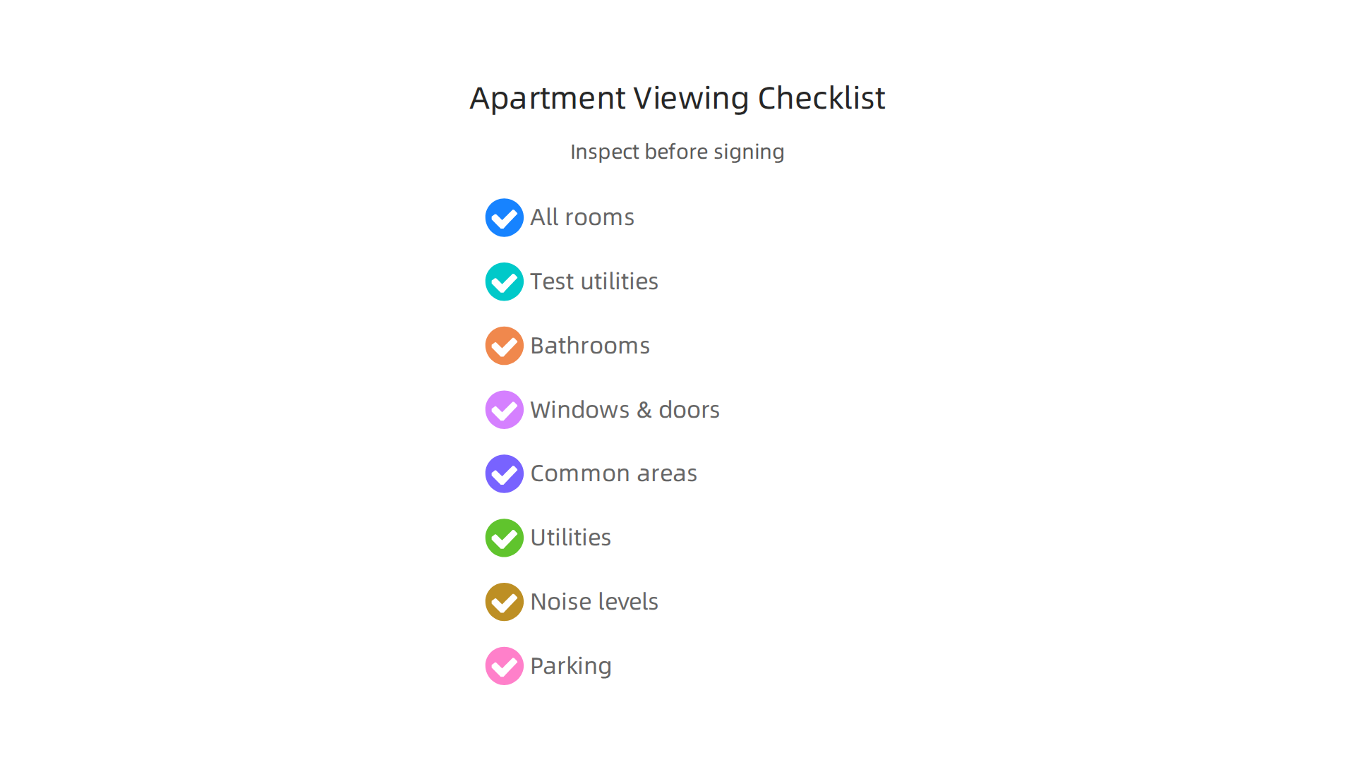 A comprehensive checklist for inspecting an apartment before renting, ensuring all key aspects are evaluated.